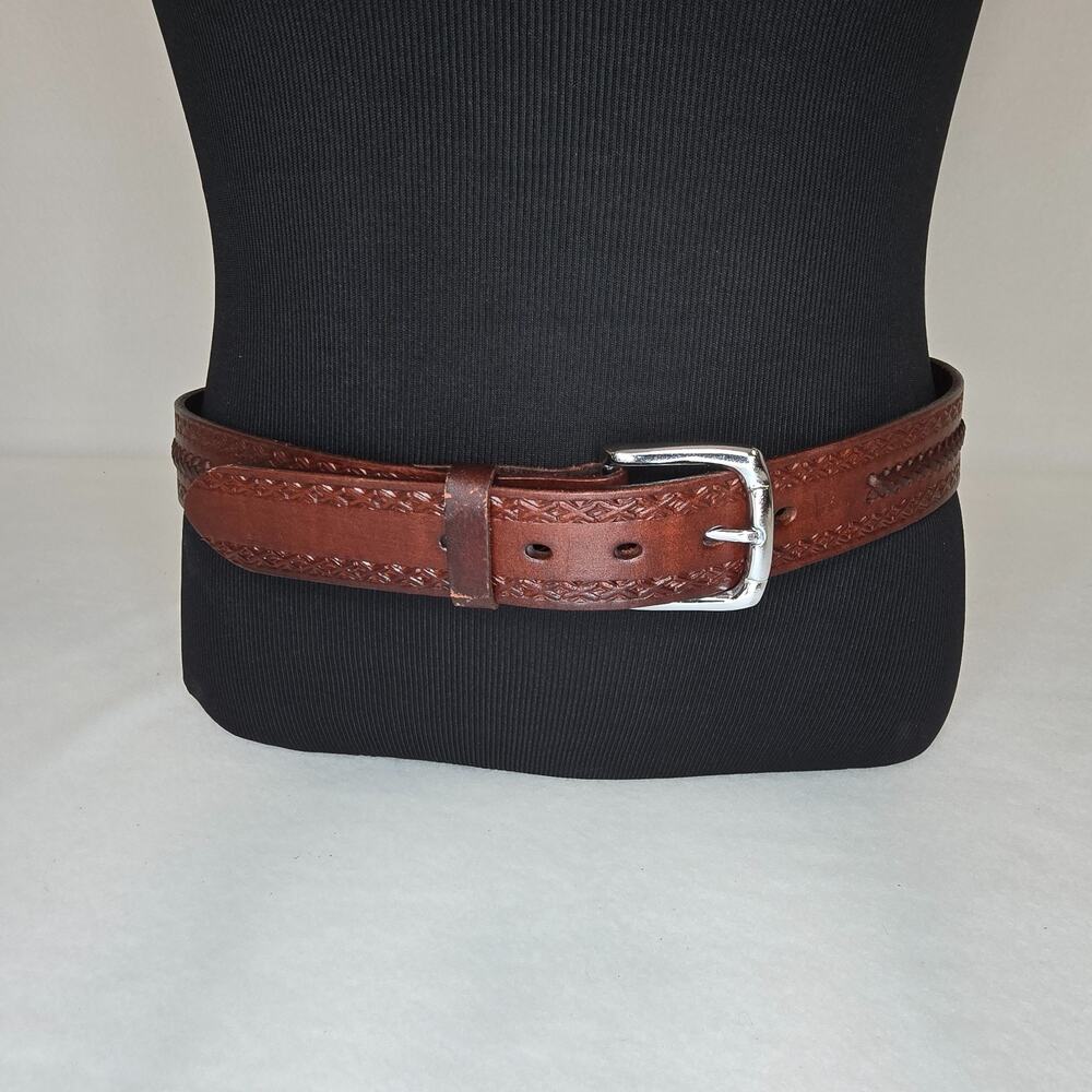 Men’s Western Leather Belt Size 40 Brown Tooled Braided Silver Buckle Cowboy